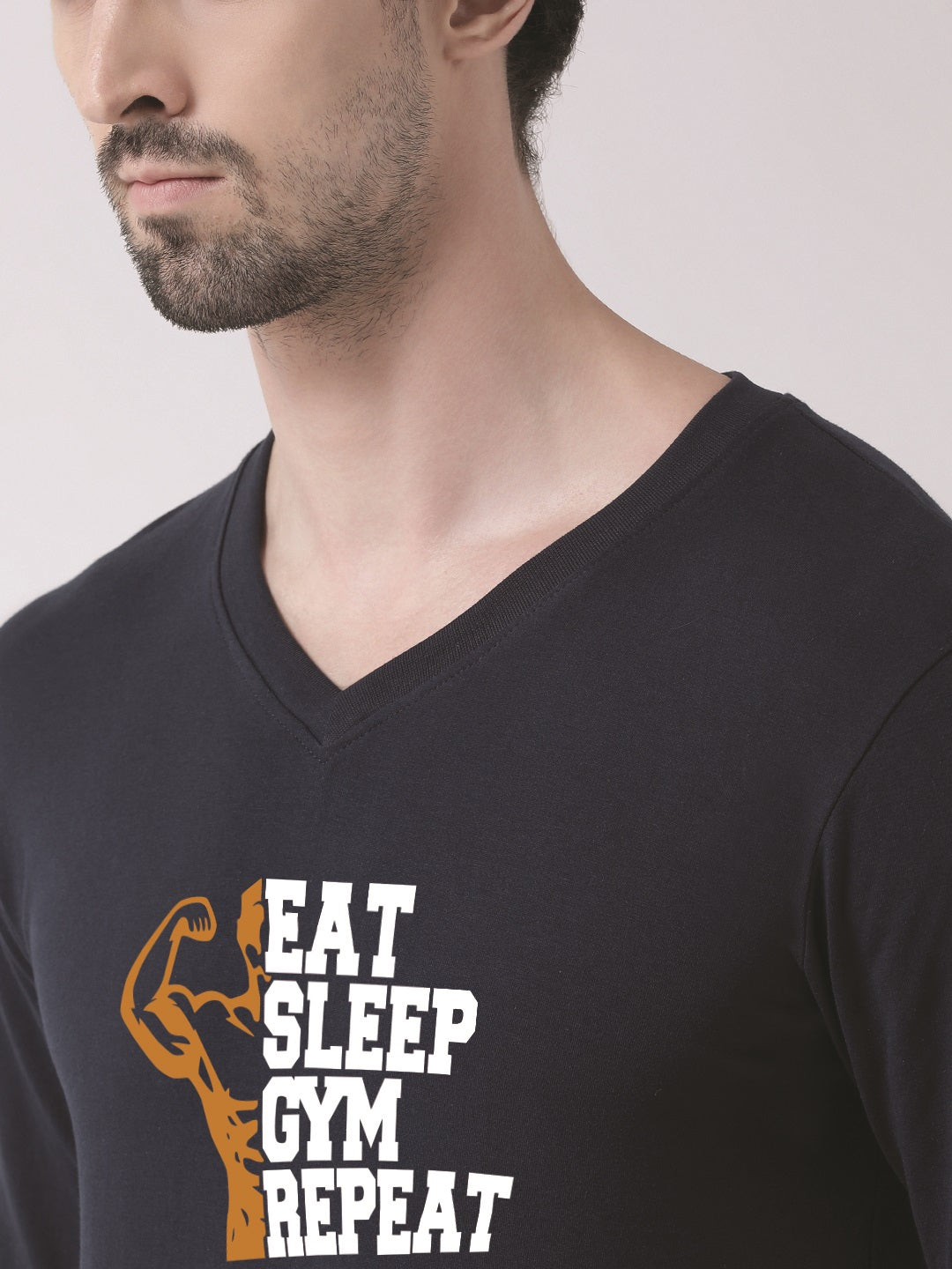 Men's Eat Sleep Gym Repeat Cotton Regular Fit V Neck T-Shirt - Friskers