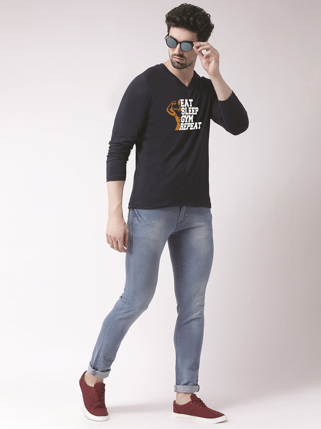 Men's Eat Sleep Gym Repeat Cotton Regular Fit V Neck T-Shirt - Friskers
