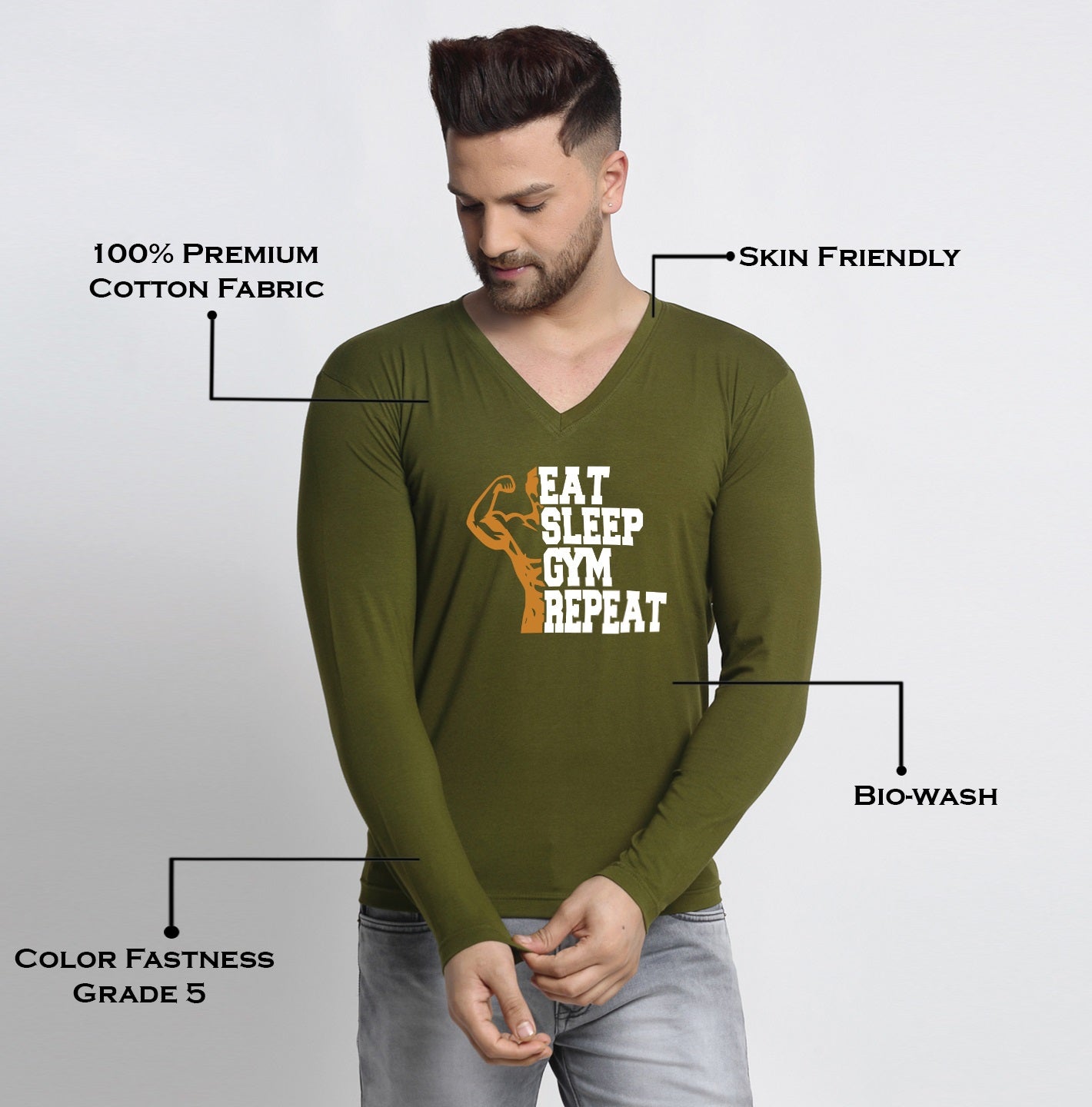 Men's Eat Sleep Gym Repeat Cotton Regular Fit V Neck T-Shirt - Friskers