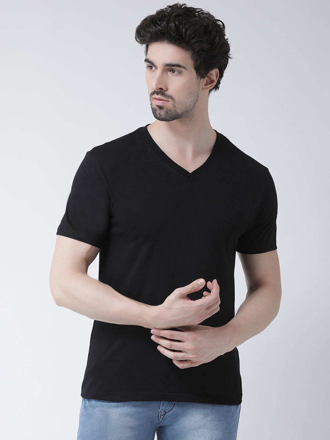 Men V-Neck Solid Cotton Slim Fit Half Sleeve T-shirt - Friskers