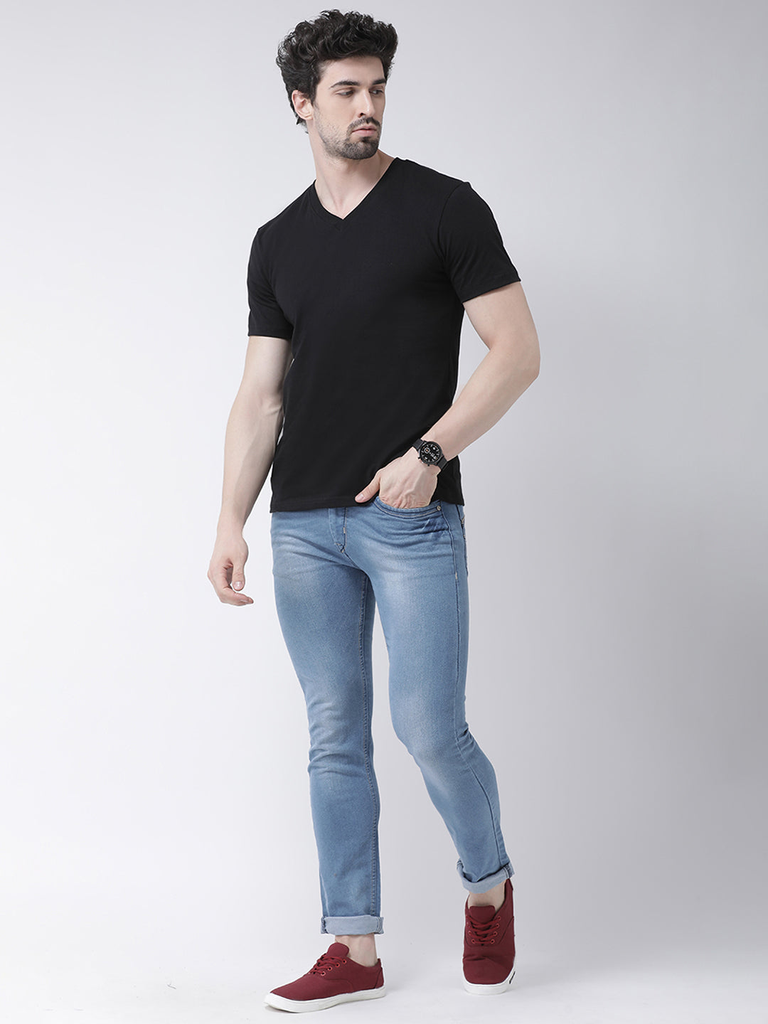 Men V-Neck Solid Cotton Slim Fit Half Sleeve T-shirt - Friskers