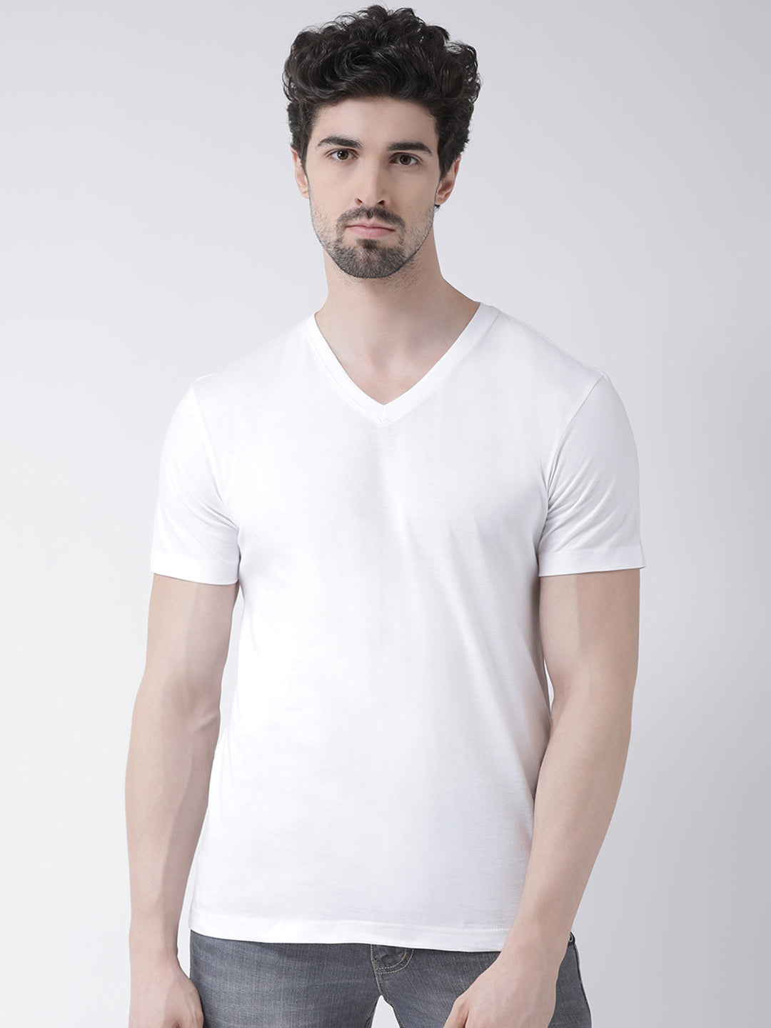 Men V-Neck Solid Cotton Slim Fit Half Sleeve T-shirt - Friskers