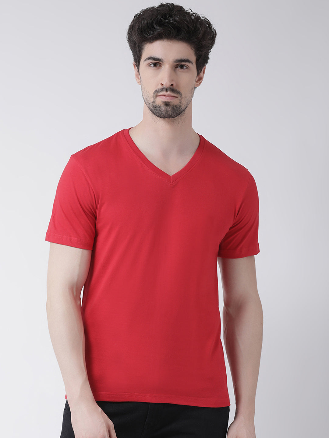 Men V-Neck Solid Cotton Slim Fit Half Sleeve T-shirt - Friskers