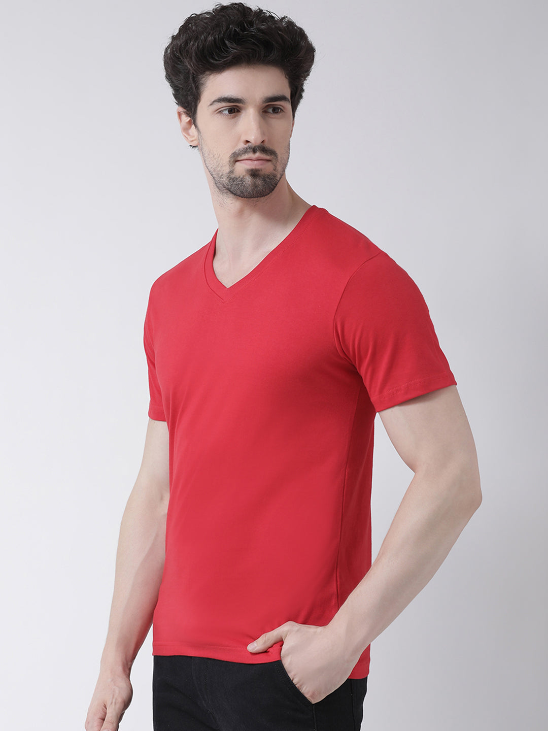 Men V-Neck Solid Cotton Slim Fit Half Sleeve T-shirt - Friskers