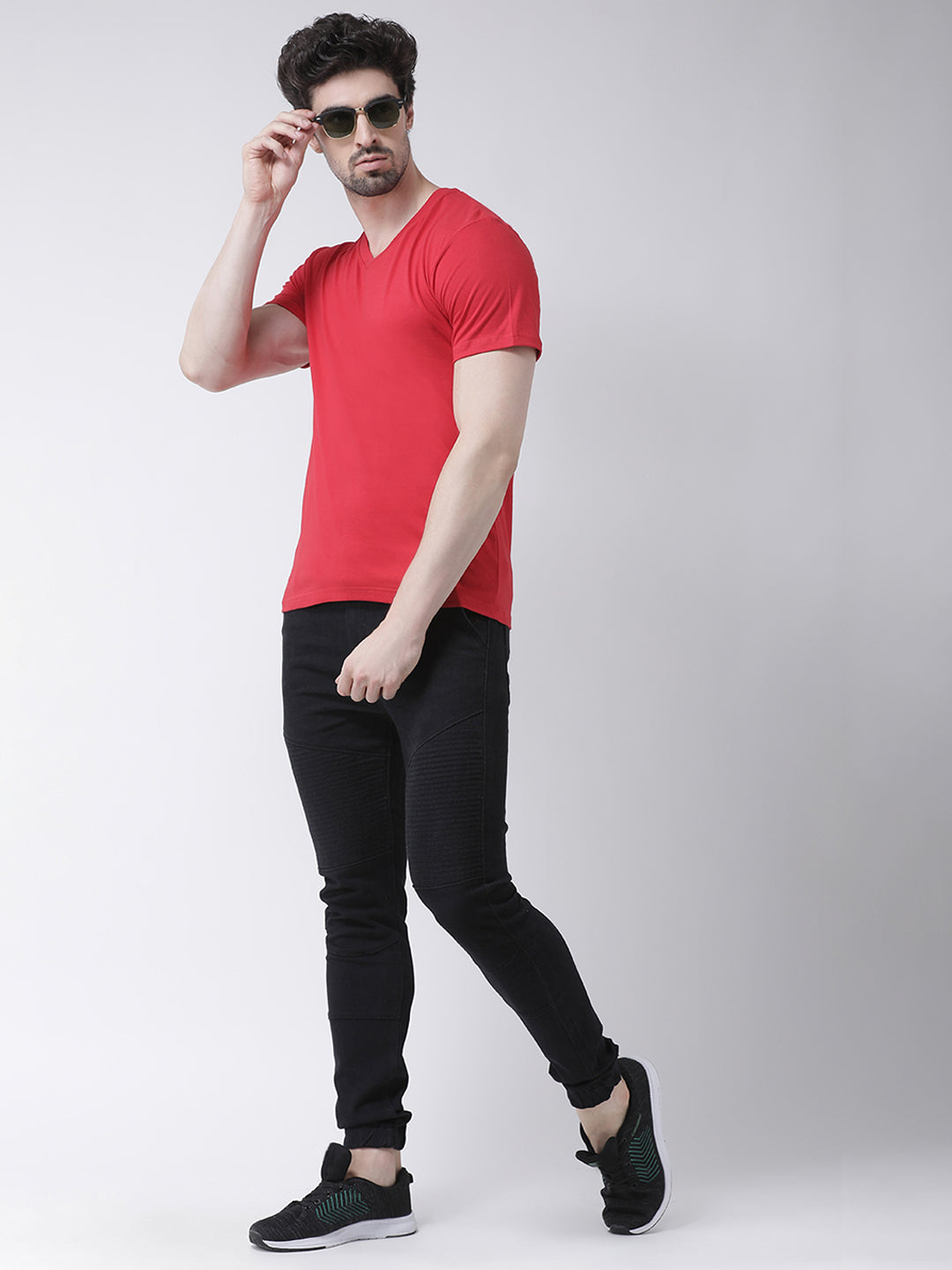 Men V-Neck Solid Cotton Slim Fit Half Sleeve T-shirt - Friskers