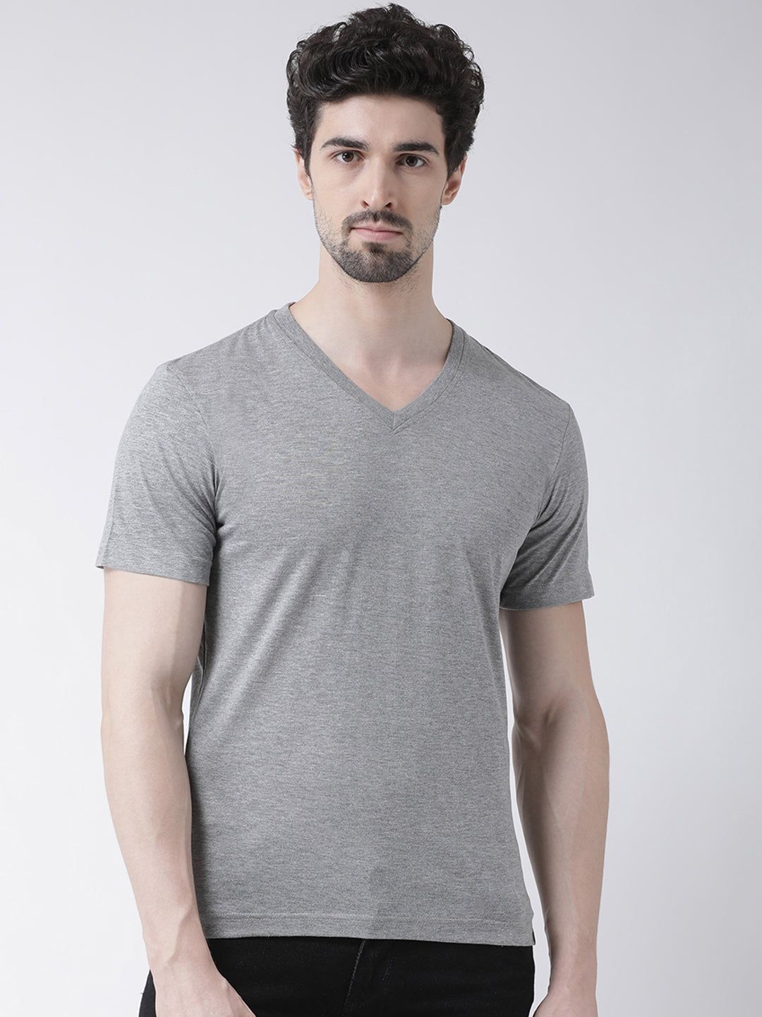 Men V-Neck Solid Cotton Slim Fit Half Sleeve T-shirt - Friskers