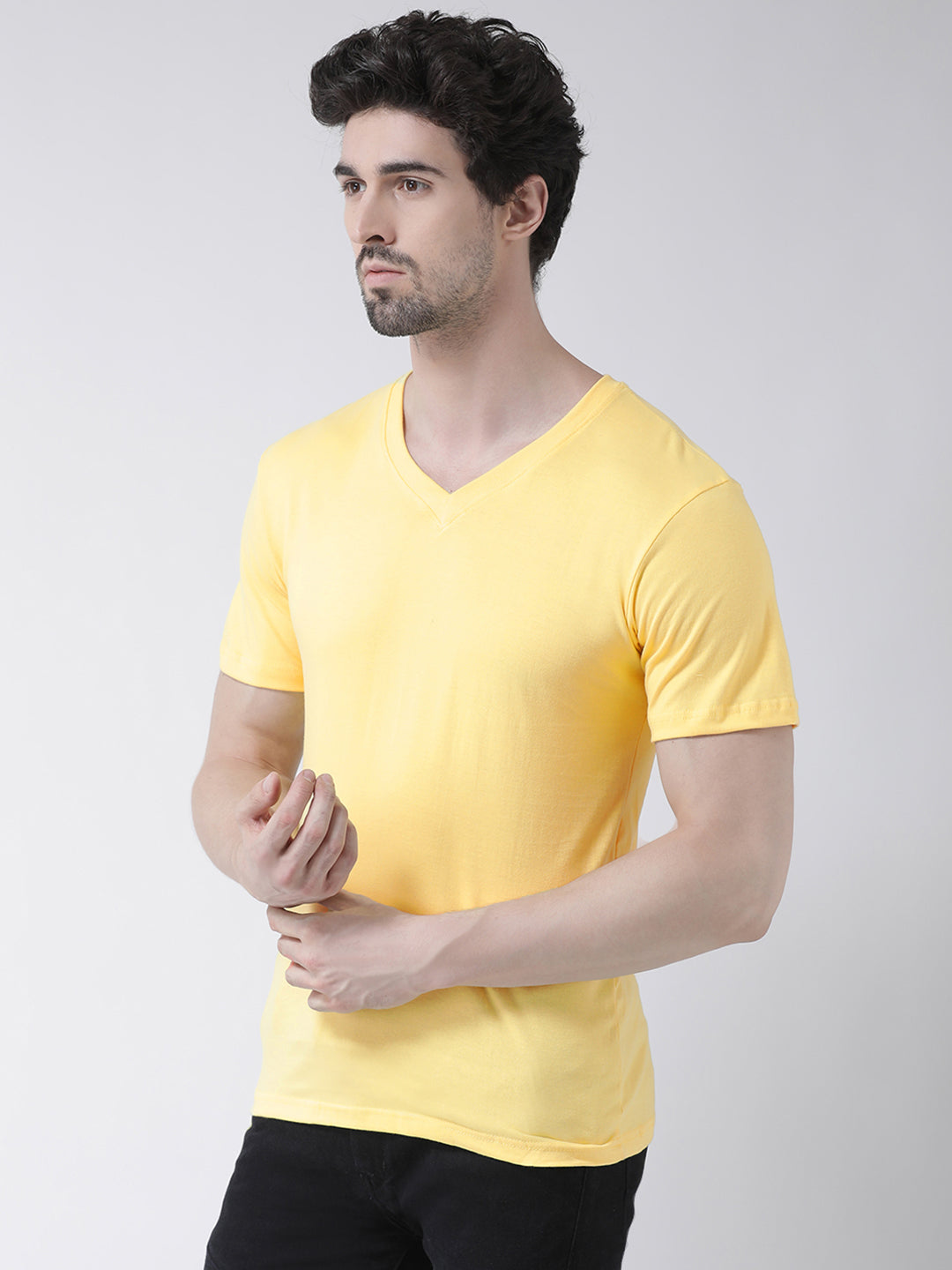 Men V-Neck Solid Cotton Slim Fit Half Sleeve T-shirt - Friskers