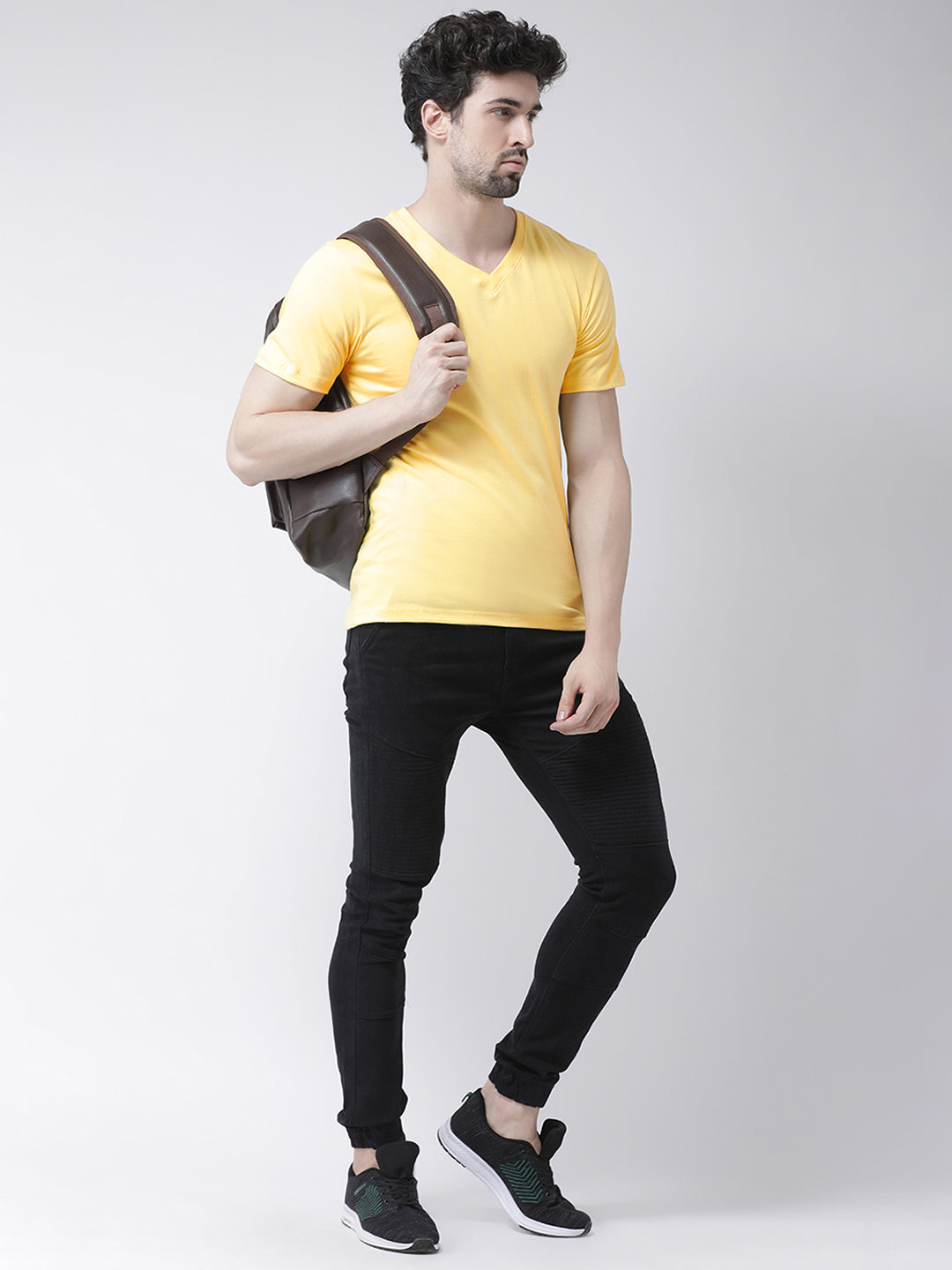 Men V-Neck Solid Cotton Slim Fit Half Sleeve T-shirt - Friskers