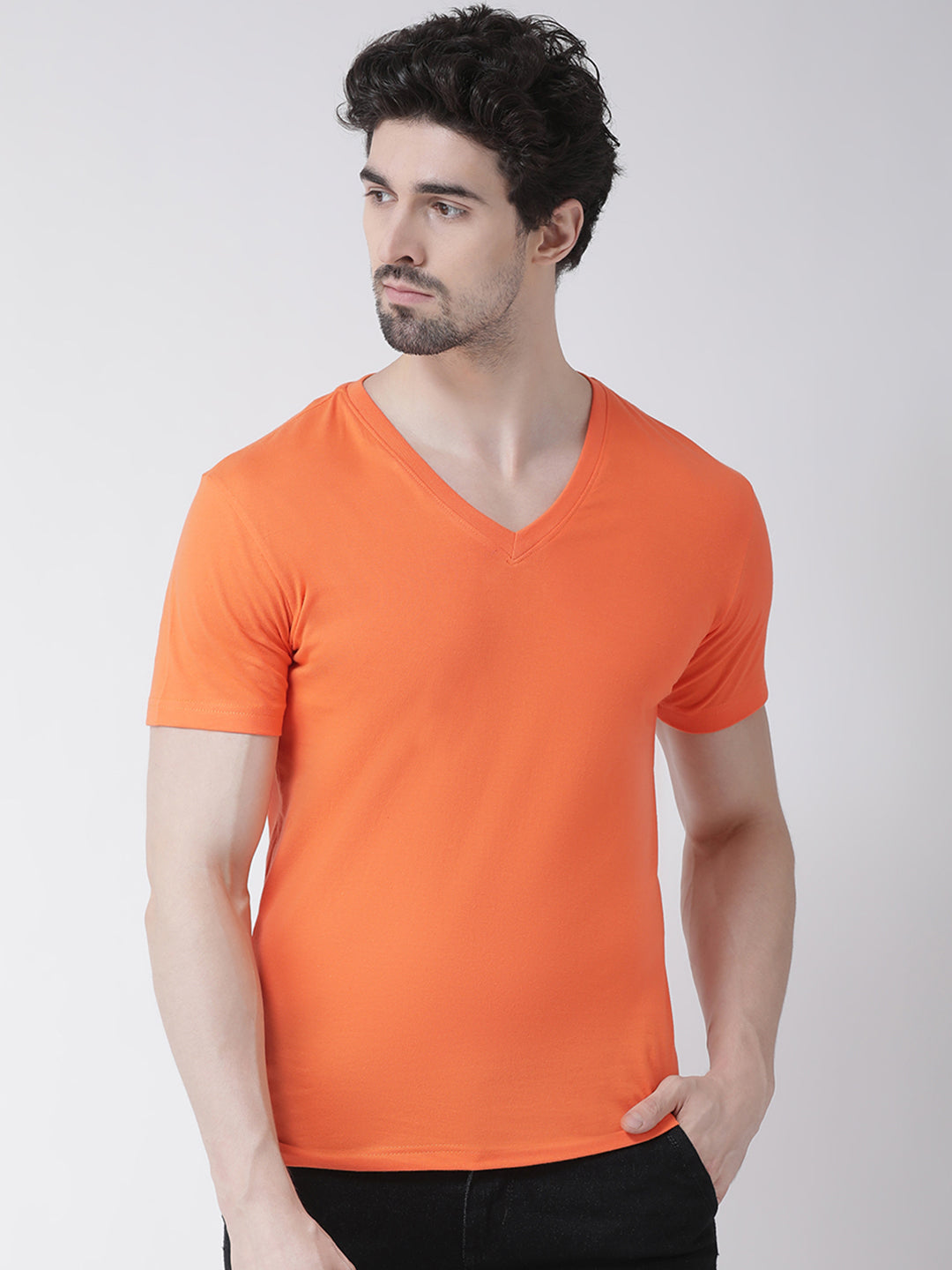 Men V-Neck Solid Cotton Slim Fit Half Sleeve T-shirt - Friskers