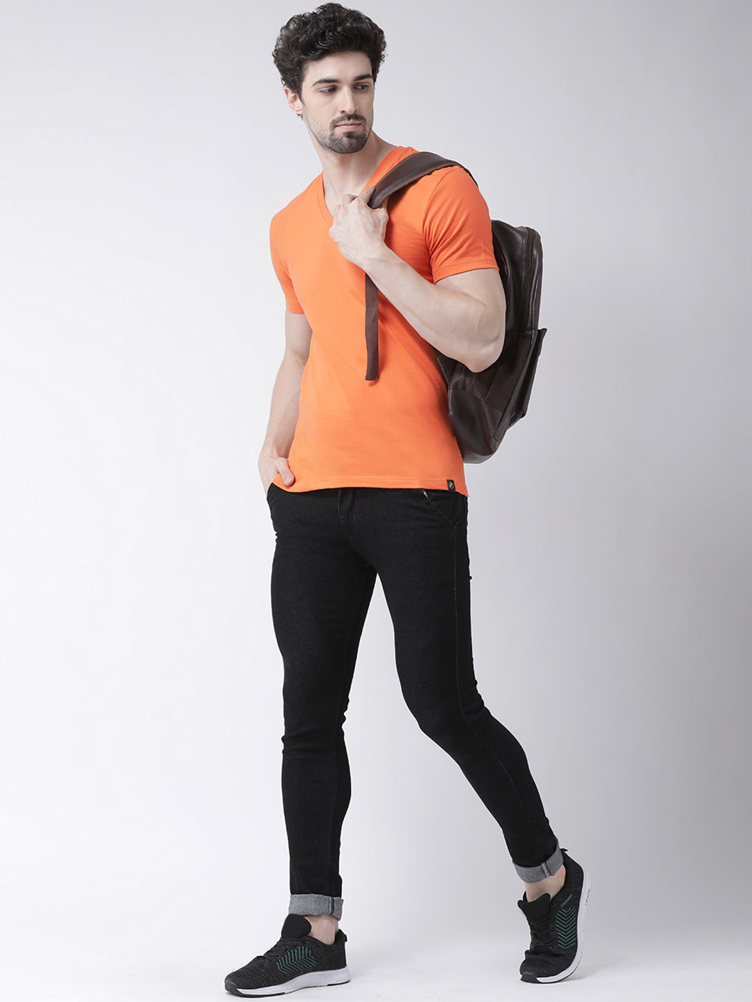 Men V-Neck Solid Cotton Slim Fit Half Sleeve T-shirt - Friskers