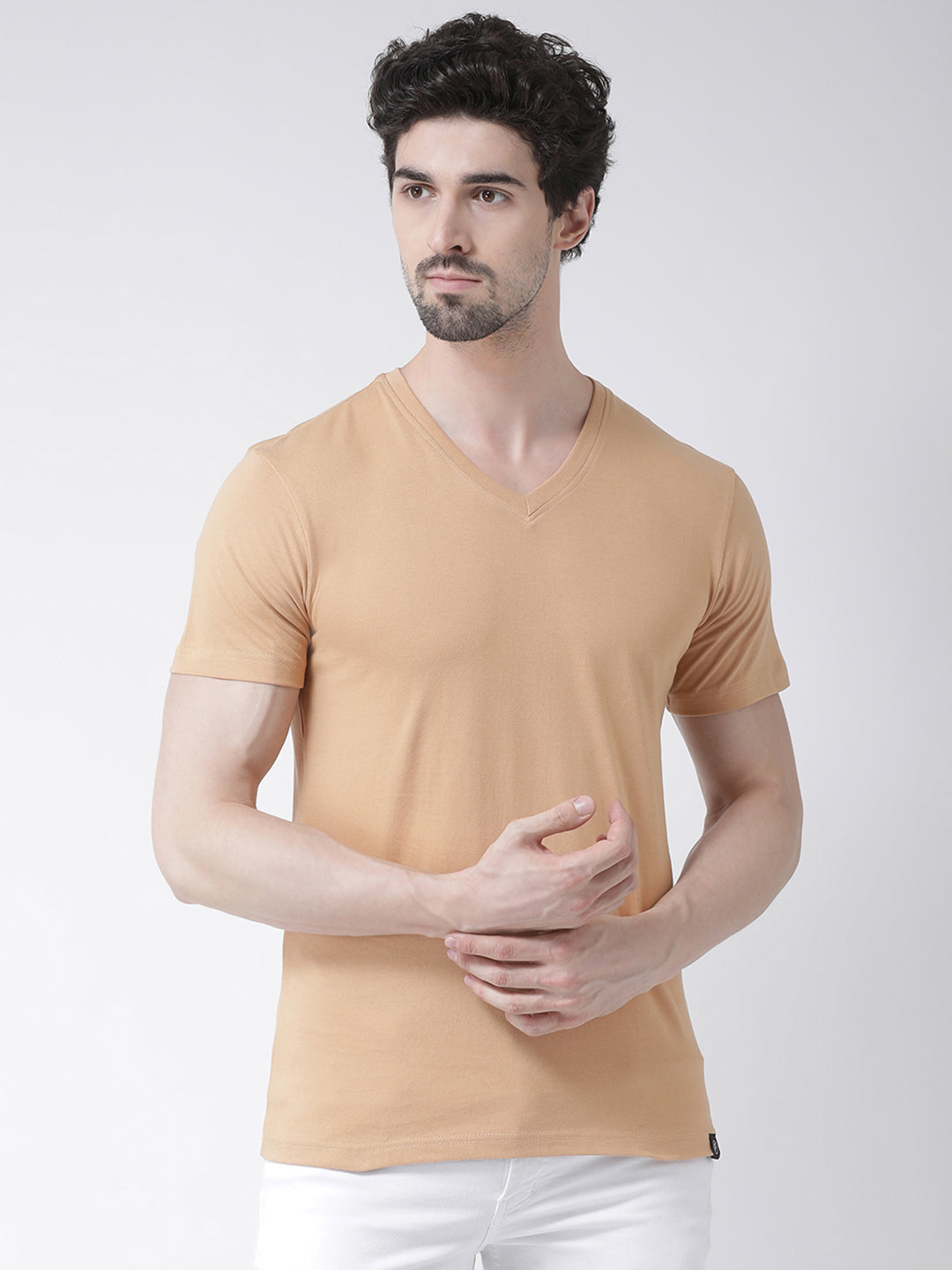 Men V-Neck Solid Cotton Slim Fit Half Sleeve T-shirt - Friskers