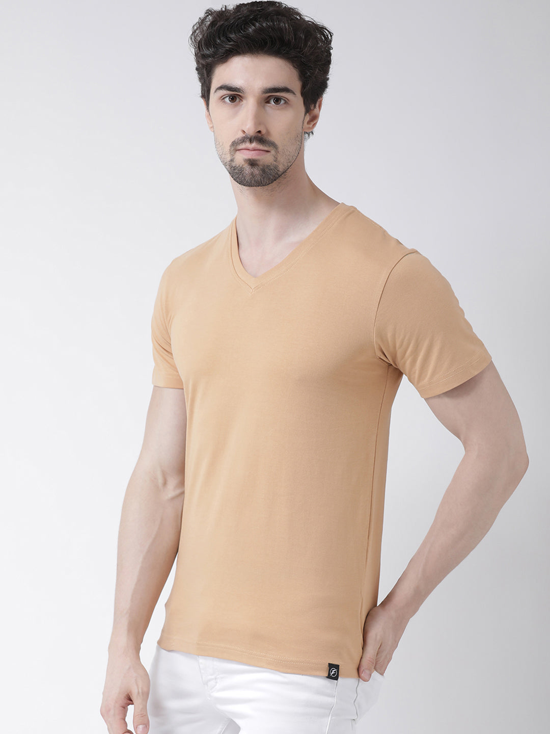 Men V-Neck Solid Cotton Slim Fit Half Sleeve T-shirt - Friskers