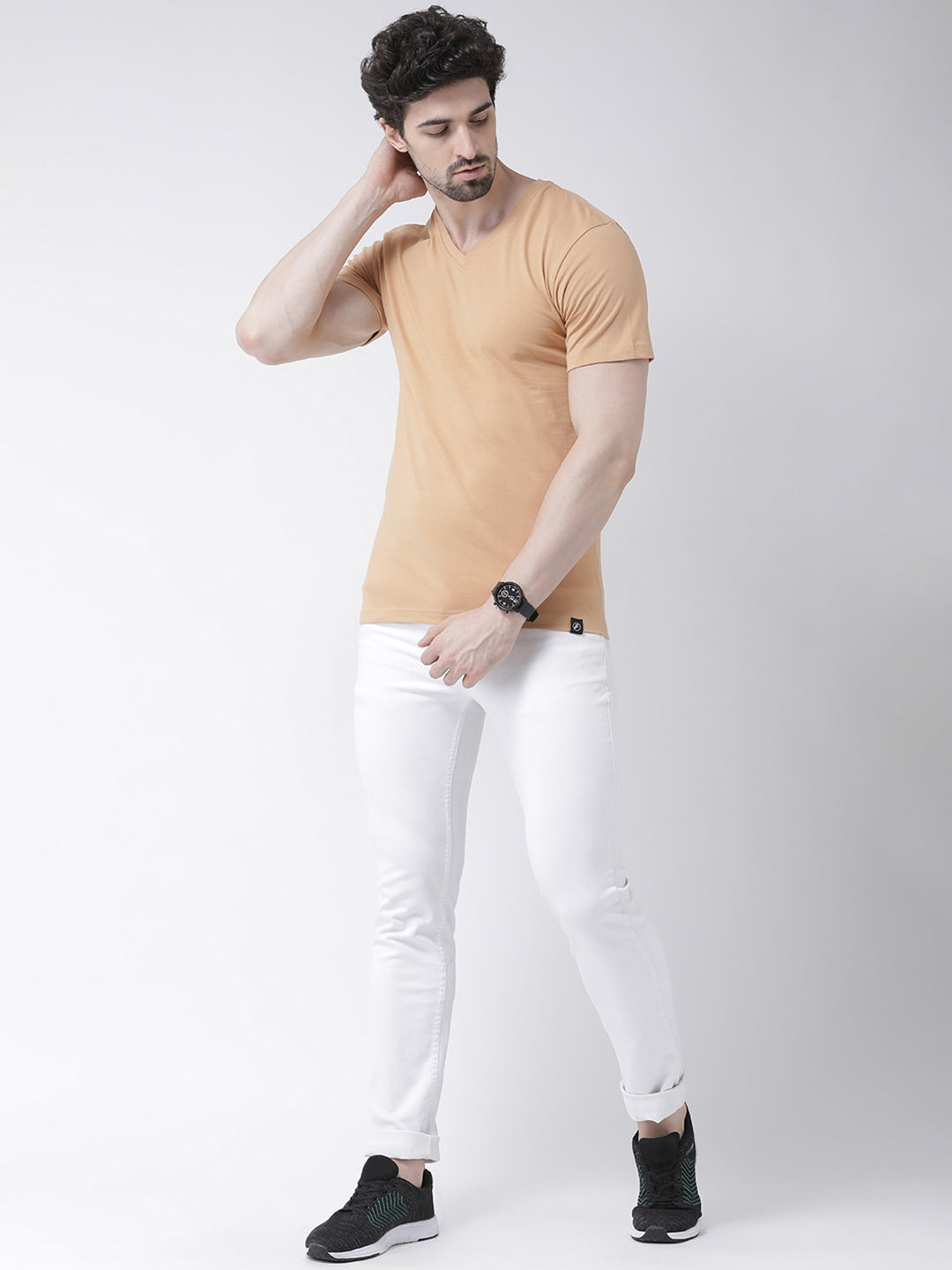 Men V-Neck Solid Cotton Slim Fit Half Sleeve T-shirt - Friskers