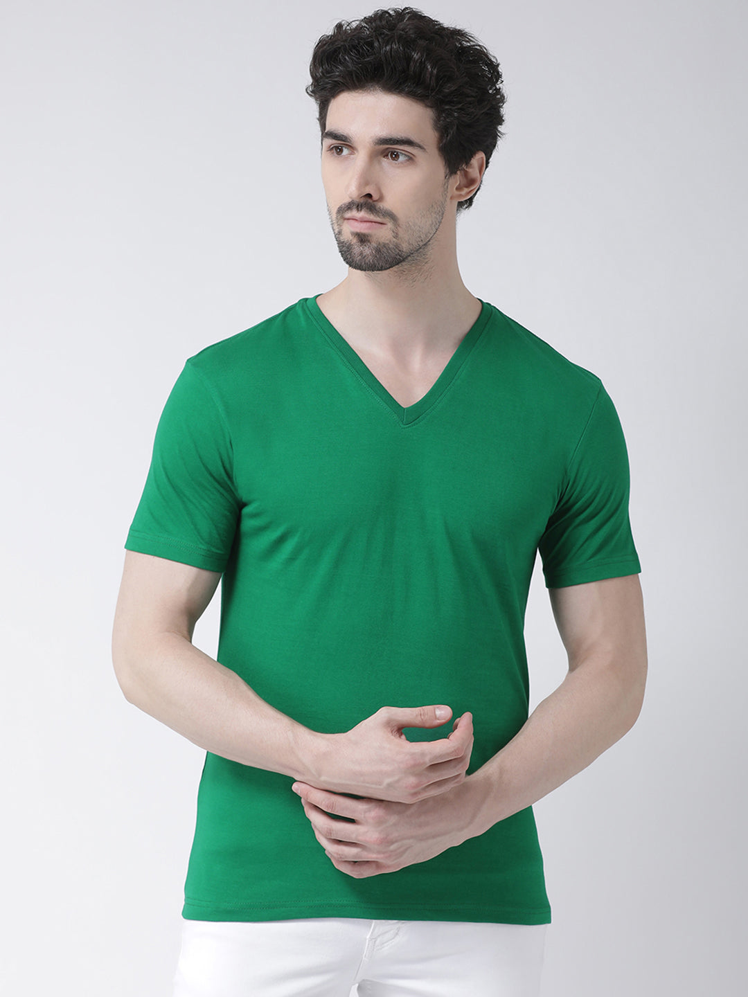 Men V-Neck Solid Cotton Slim Fit Half Sleeve T-shirt - Friskers