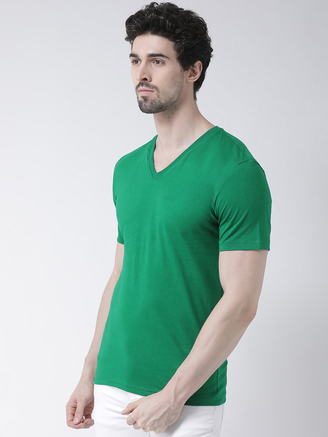 Men V-Neck Solid Cotton Slim Fit Half Sleeve T-shirt - Friskers