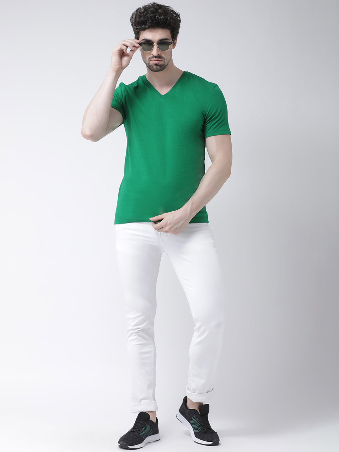 Men V-Neck Solid Cotton Slim Fit Half Sleeve T-shirt - Friskers
