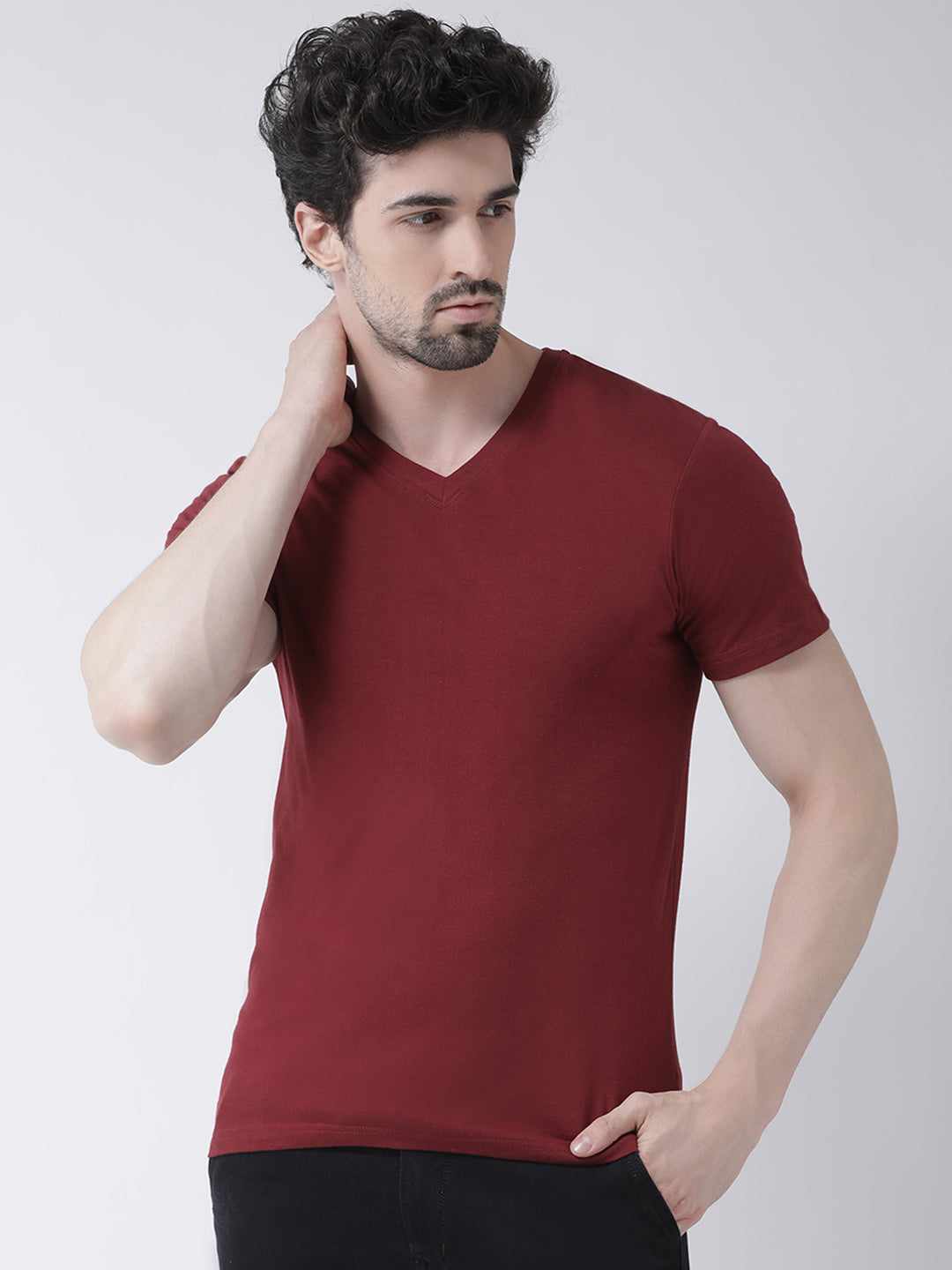 Men V-Neck Solid Cotton Slim Fit Half Sleeve T-shirt - Friskers