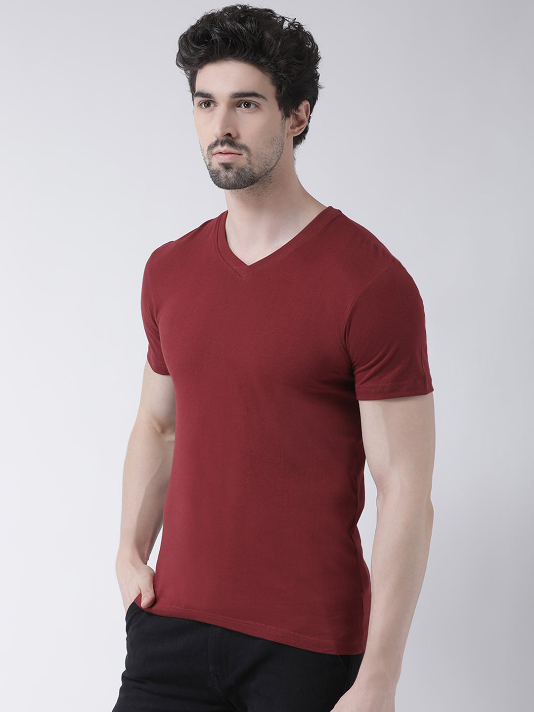 Men V-Neck Solid Cotton Slim Fit Half Sleeve T-shirt - Friskers