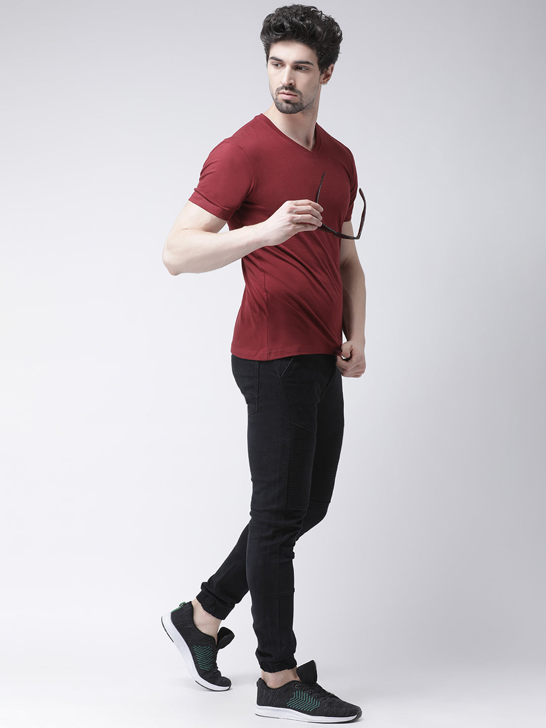 Men V-Neck Solid Cotton Slim Fit Half Sleeve T-shirt - Friskers
