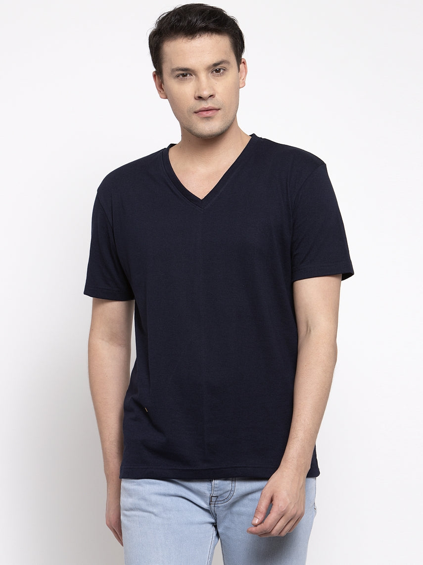 Men V-Neck Solid Cotton Slim Fit Half Sleeve T-shirt - Friskers