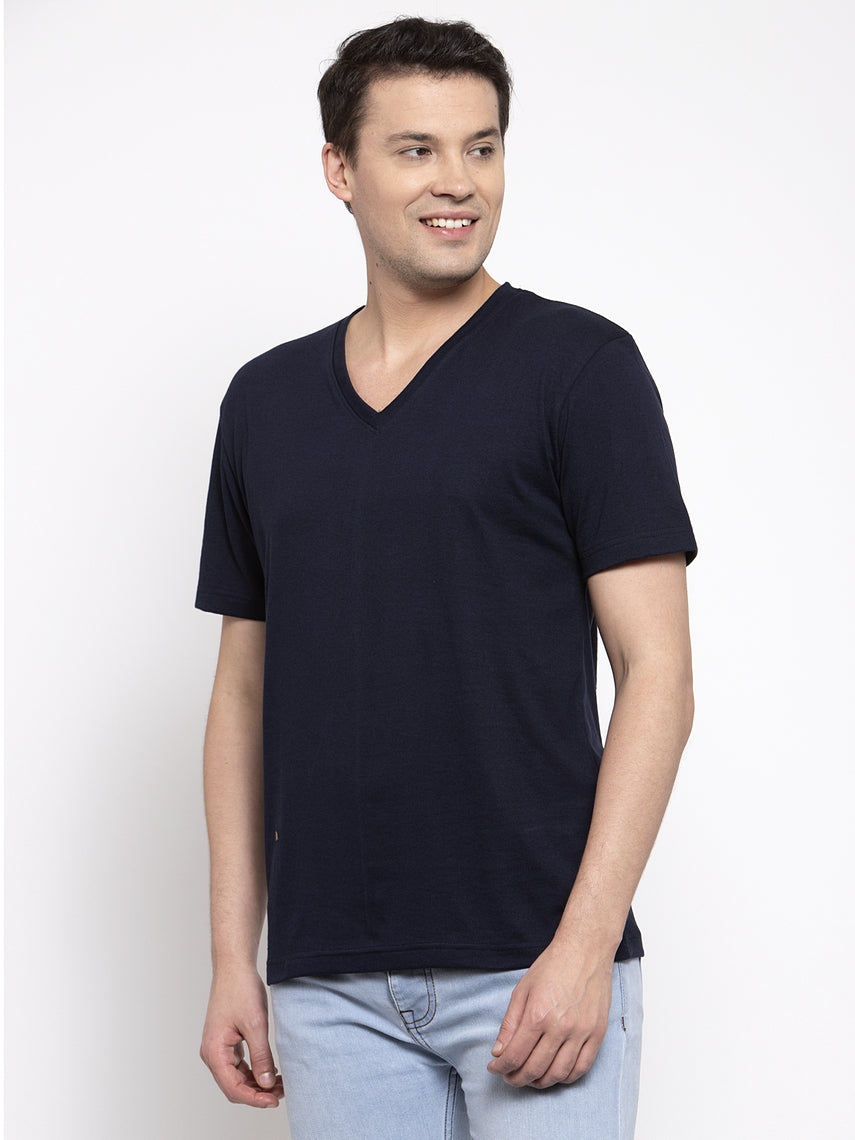Men V-Neck Solid Cotton Slim Fit Half Sleeve T-shirt - Friskers