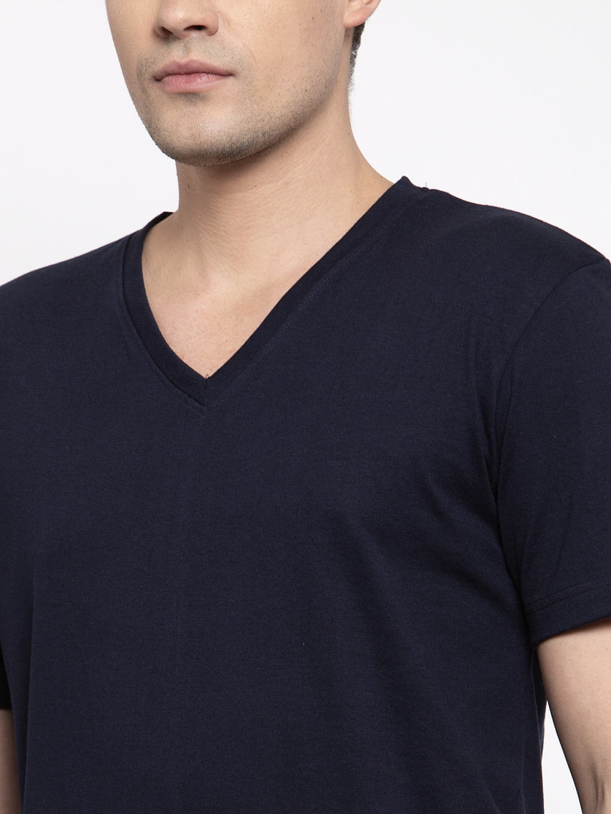 Men V-Neck Solid Cotton Slim Fit Half Sleeve T-shirt - Friskers