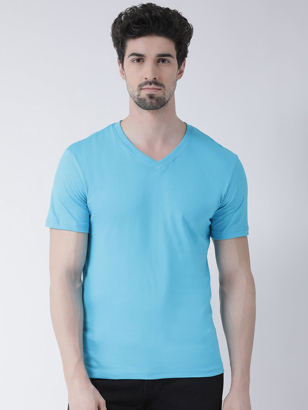 Men V-Neck Solid Cotton Slim Fit Half Sleeve T-shirt - Friskers