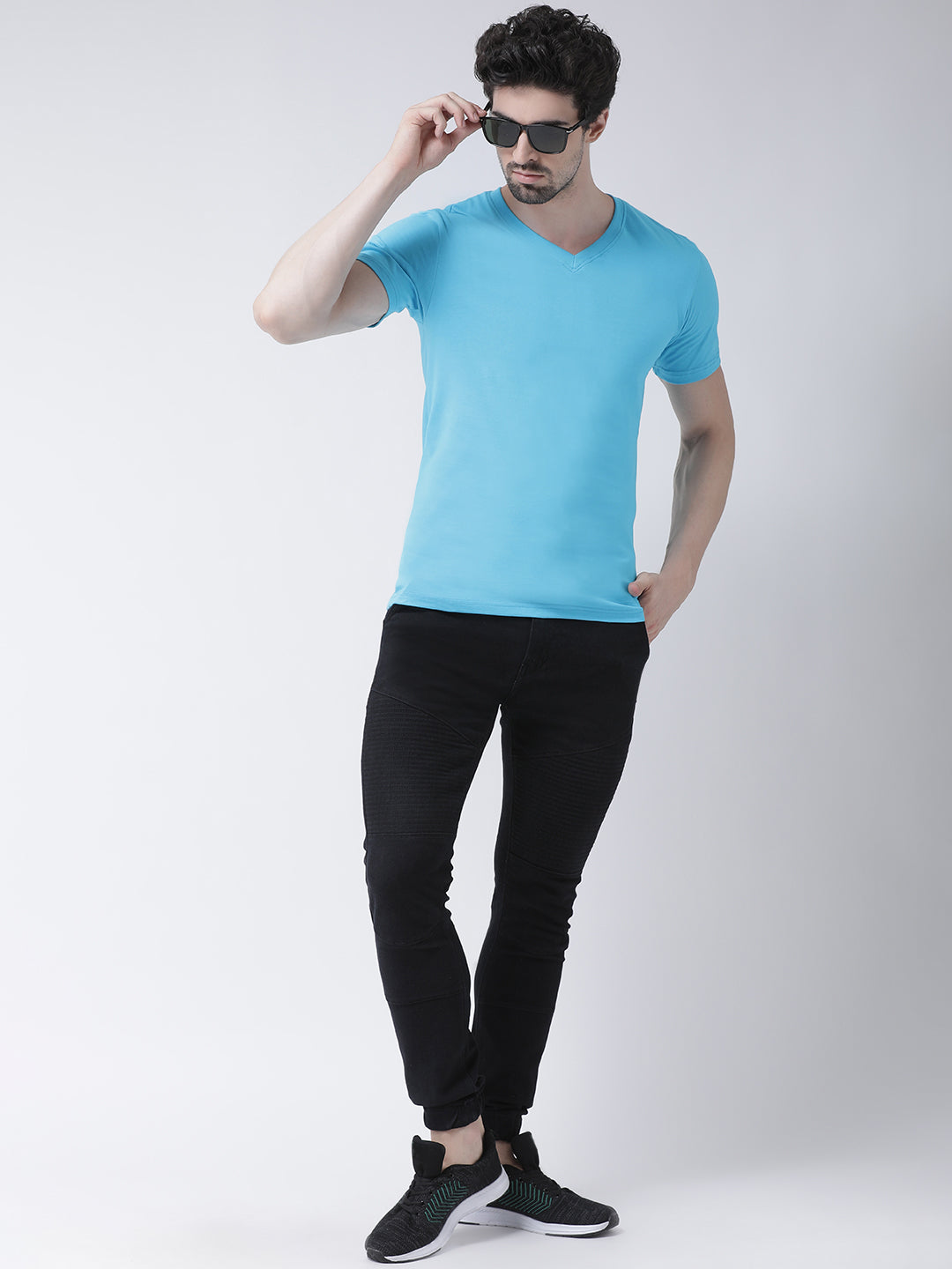 Men V-Neck Solid Cotton Slim Fit Half Sleeve T-shirt - Friskers