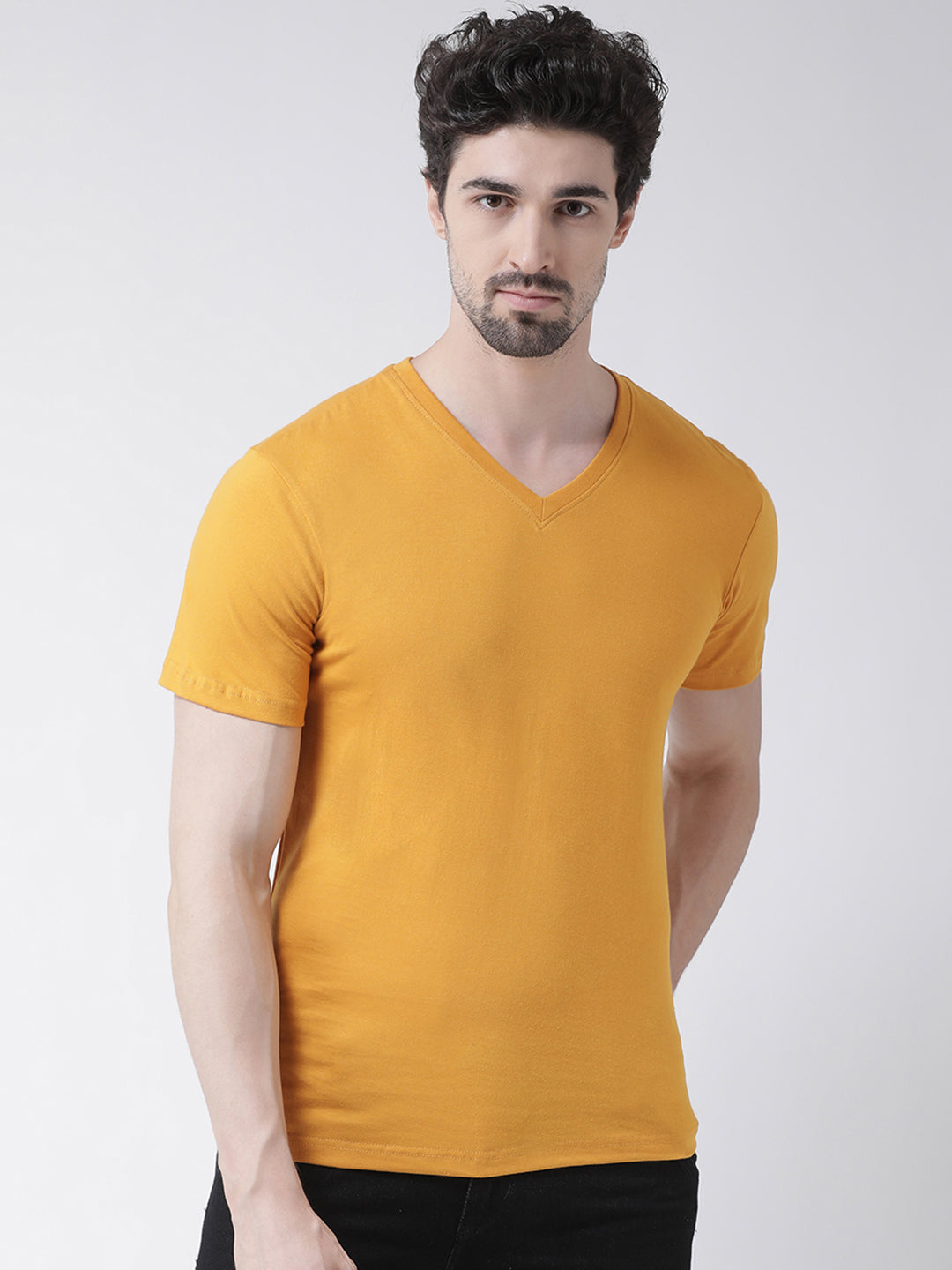 Men V-Neck Solid Cotton Slim Fit Half Sleeve T-shirt - Friskers