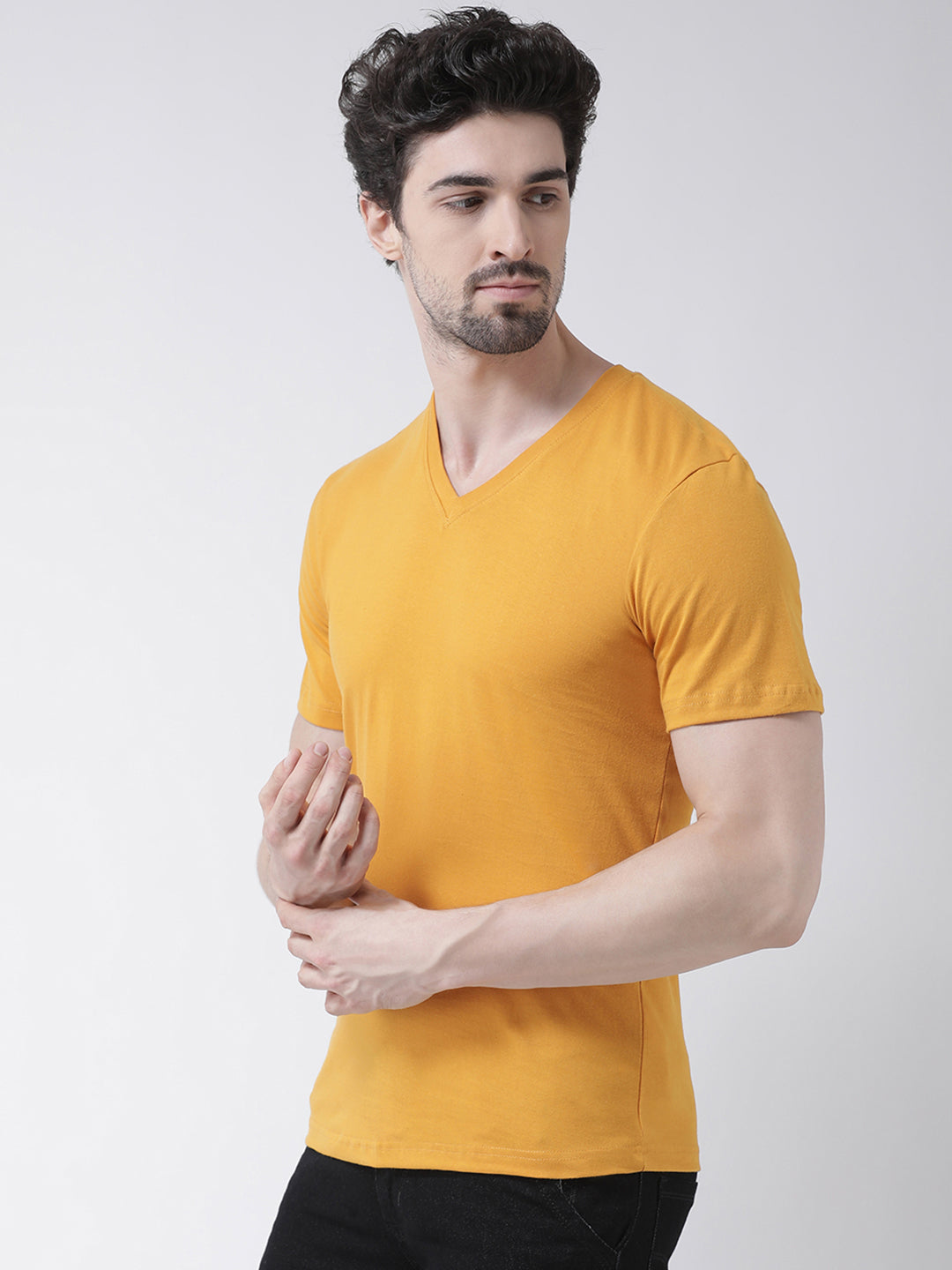 Men V-Neck Solid Cotton Slim Fit Half Sleeve T-shirt - Friskers