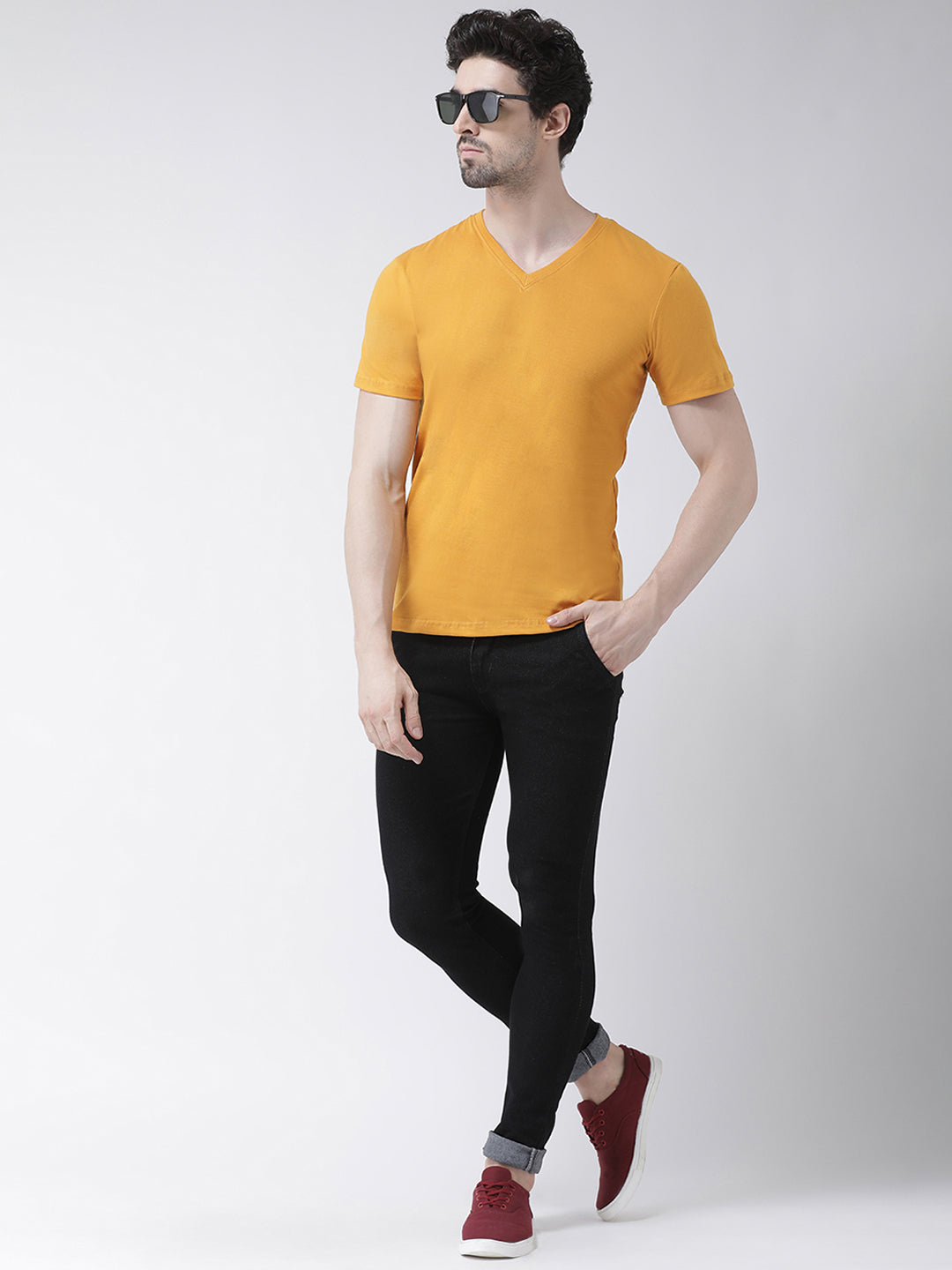 Men V-Neck Solid Cotton Slim Fit Half Sleeve T-shirt - Friskers