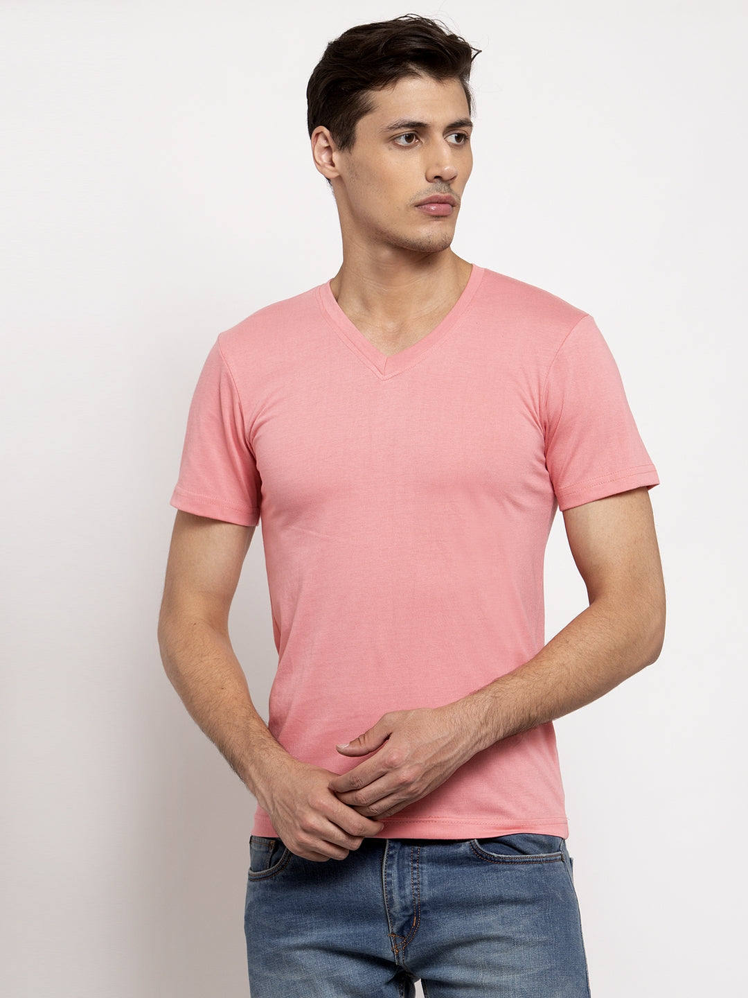 Men V-Neck Solid Cotton Slim Fit Half Sleeve T-shirt - Friskers