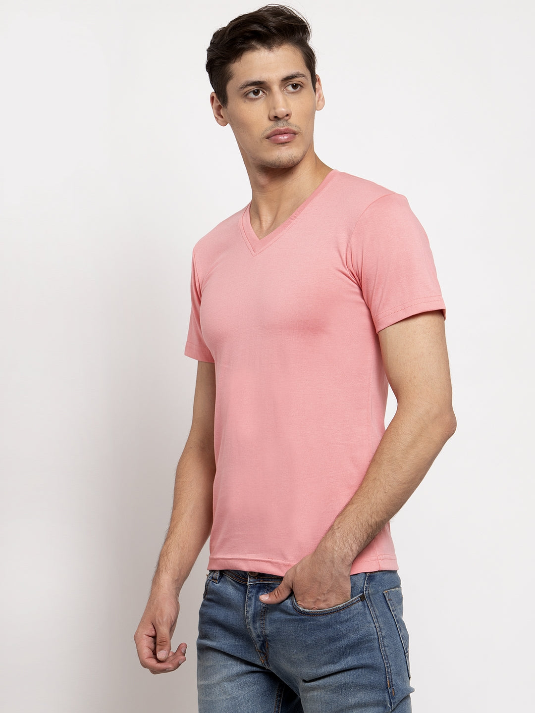 Men V-Neck Solid Cotton Slim Fit Half Sleeve T-shirt - Friskers