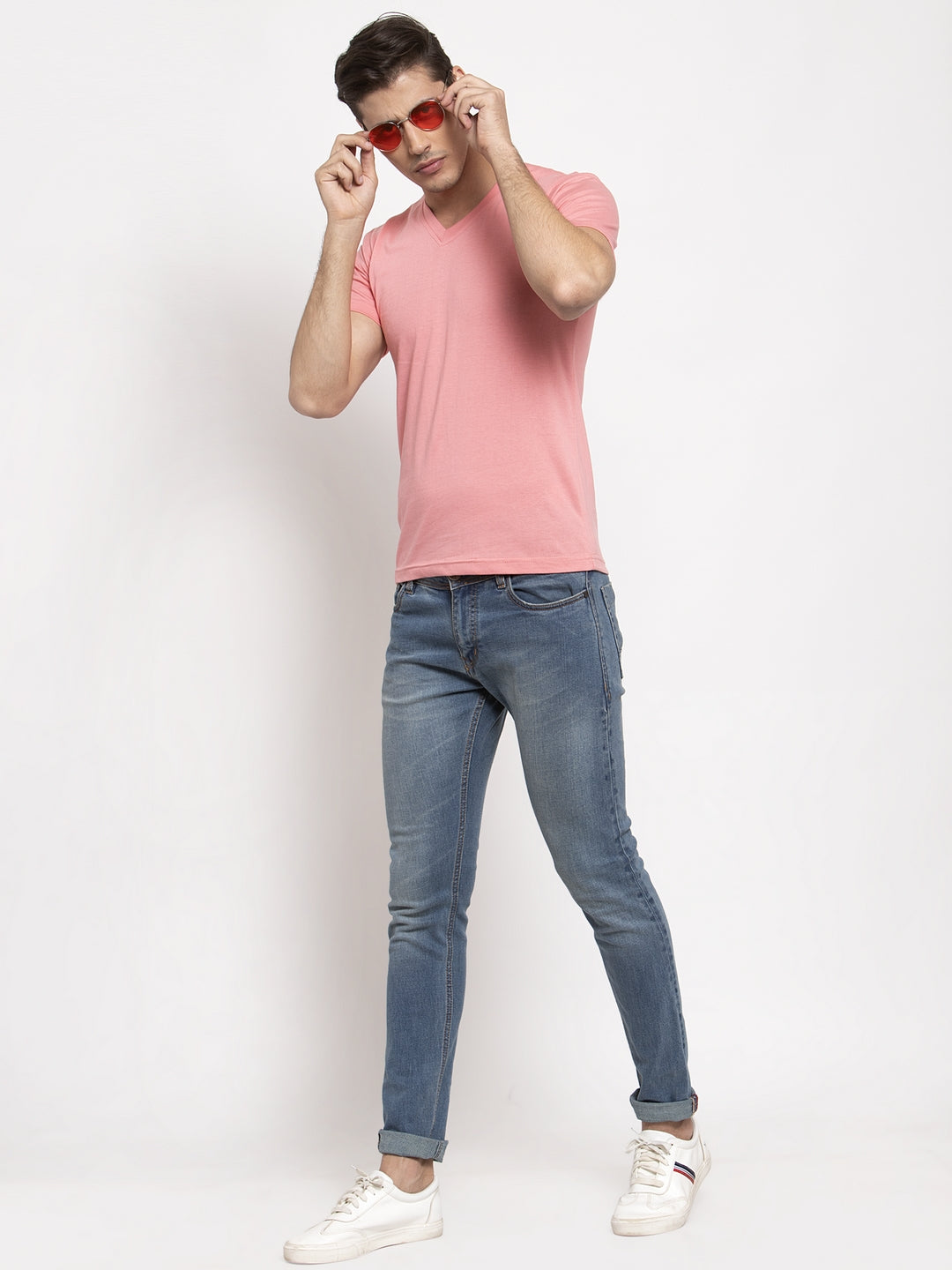 Men V-Neck Solid Cotton Slim Fit Half Sleeve T-shirt - Friskers