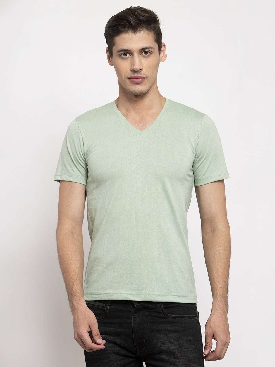 Men V-Neck Solid Cotton Slim Fit Half Sleeve T-shirt - Friskers