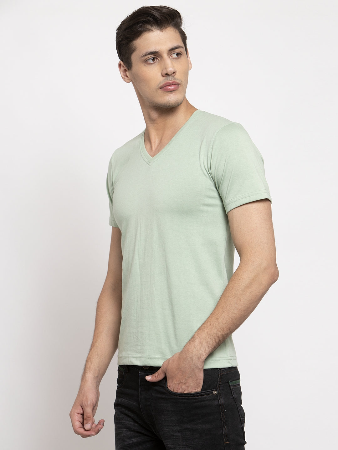 Men V-Neck Solid Cotton Slim Fit Half Sleeve T-shirt - Friskers