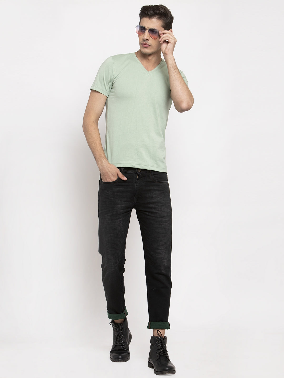 Men V-Neck Solid Cotton Slim Fit Half Sleeve T-shirt - Friskers