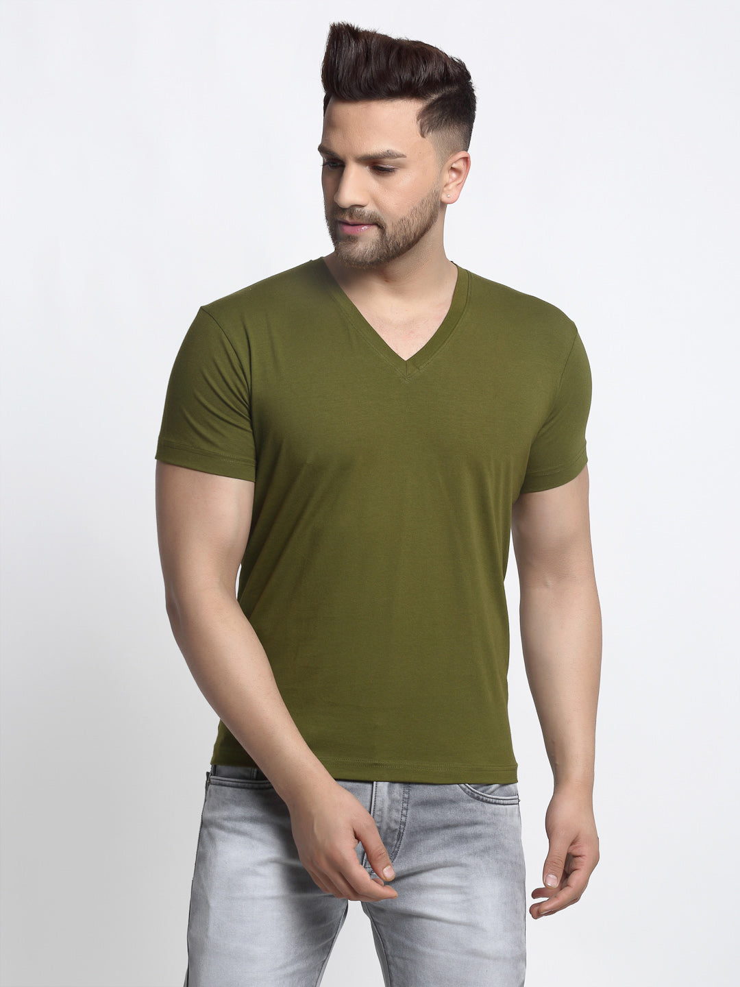 Men V-Neck Solid Cotton Slim Fit Half Sleeve T-shirt - Friskers