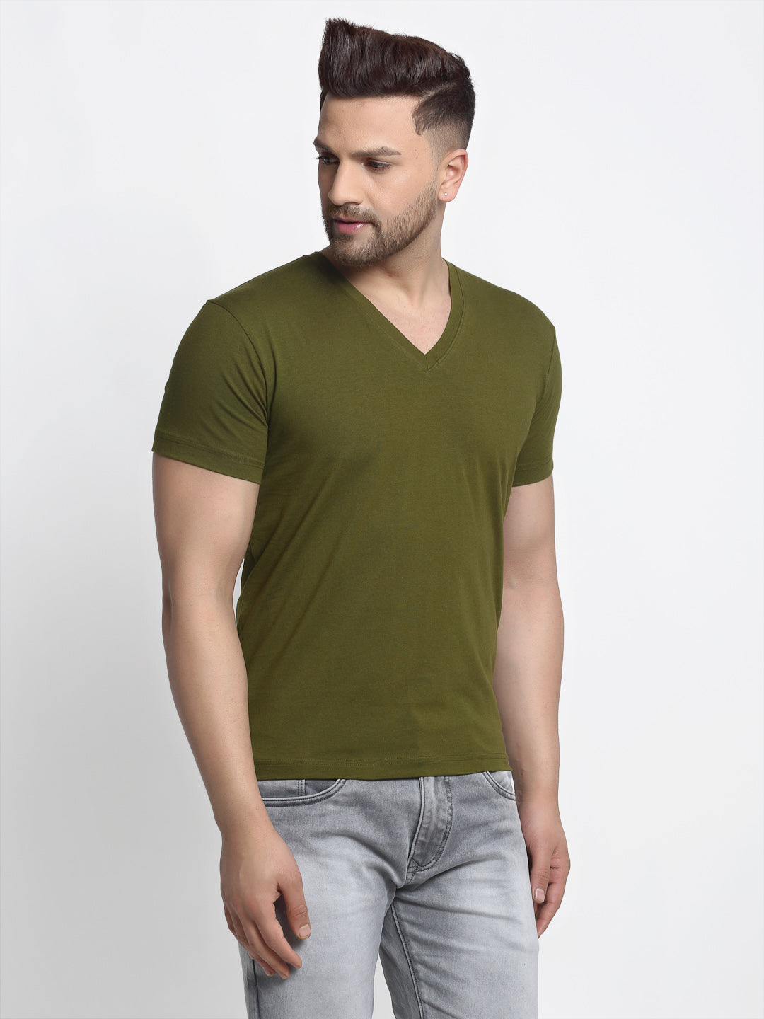 Men V-Neck Solid Cotton Slim Fit Half Sleeve T-shirt - Friskers