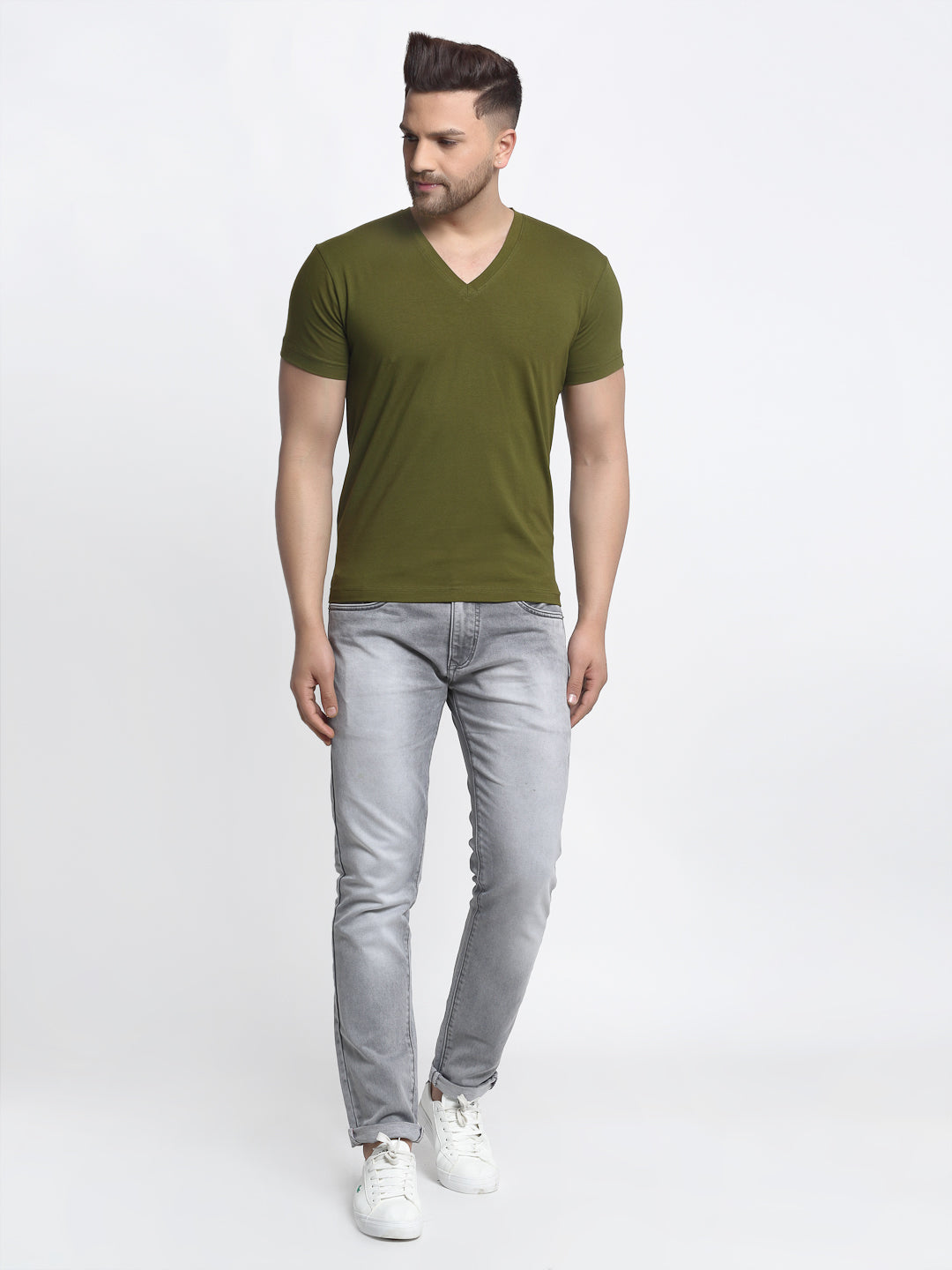 Men V-Neck Solid Cotton Slim Fit Half Sleeve T-shirt - Friskers
