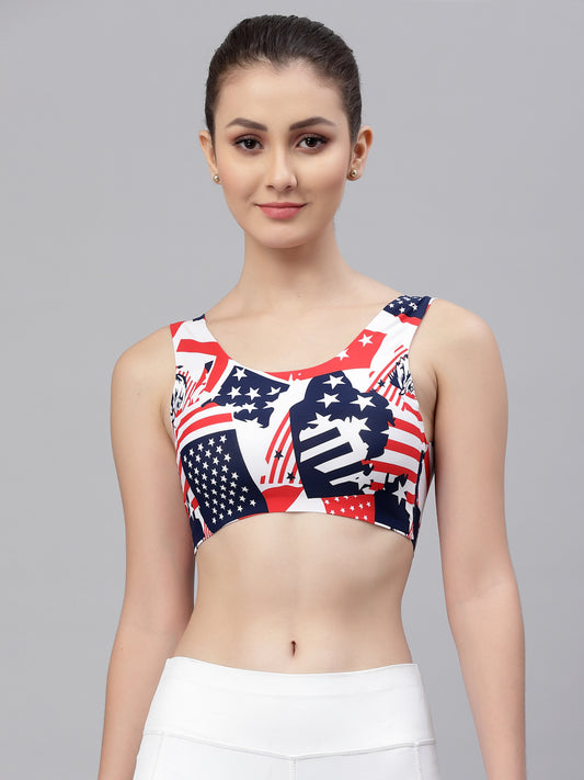 Women Usa Print Sports Lightly Padded Bra  (Multicolor) - Friskers