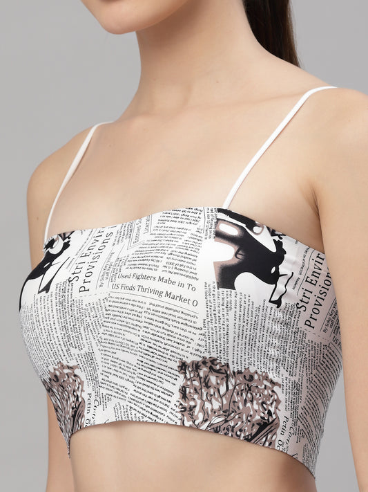 Women News Print Sports Lightly Padded Bra  (Multicolor) - Friskers