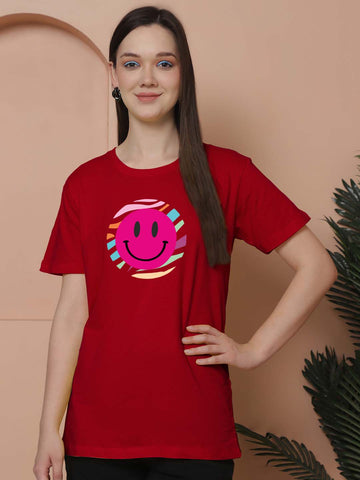 Friskers Women Smile Print Round Neck Half Sleeves Long T-Shirt