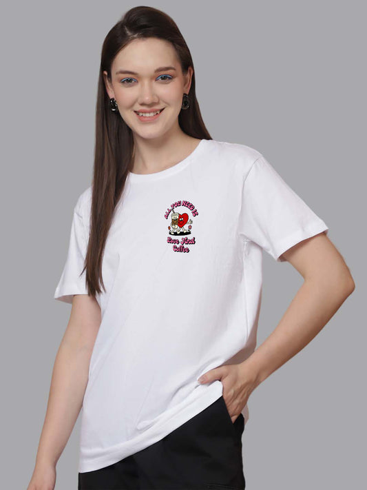 Friskers Women Love And Coffee Print Round Neck Half Sleeves Long T-Shirt