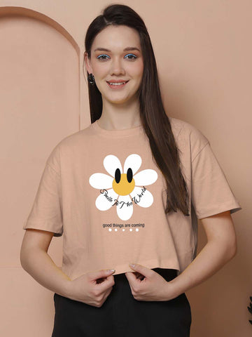 Friskers Women Smile To The World Printed Oversized Cotton Tshirt