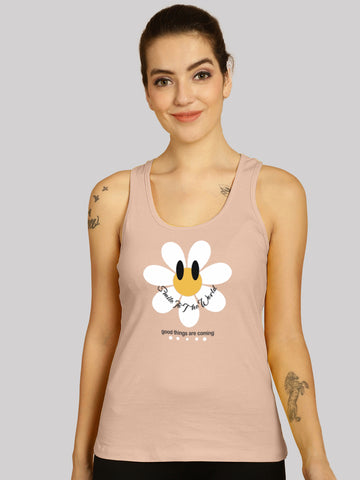Women Sun Flower Printed Cotton Slim Fit Tank Top