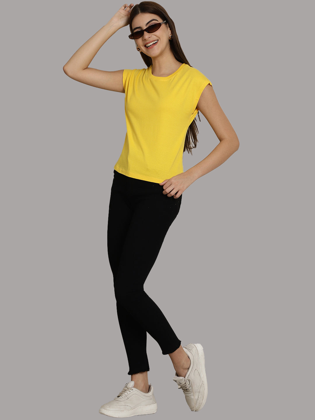 Friskers Solid Women Round Neck Extended Sleeves T-Shirt - Friskers