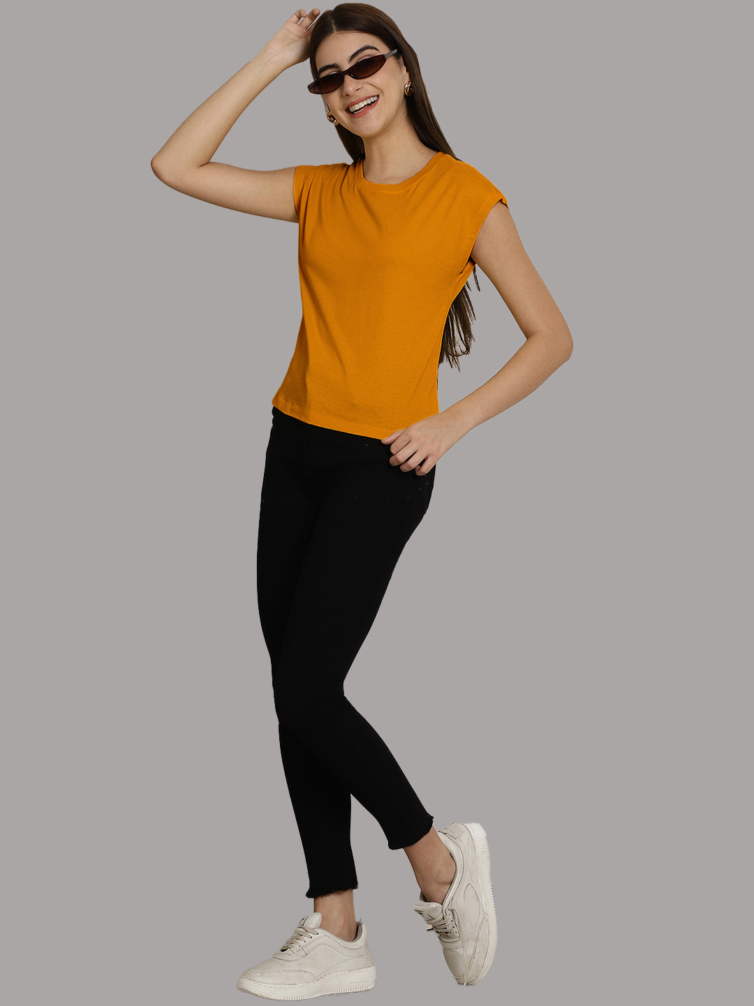 Friskers Solid Women Round Neck Extended Sleeves T-Shirt - Friskers