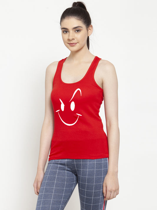 White Smiley Printed Sleeveless Women Tank Top/Vest - Friskers