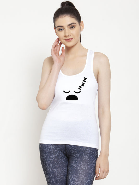 Sleepy Mode Printed Women White Tank Top/Vest - Friskers